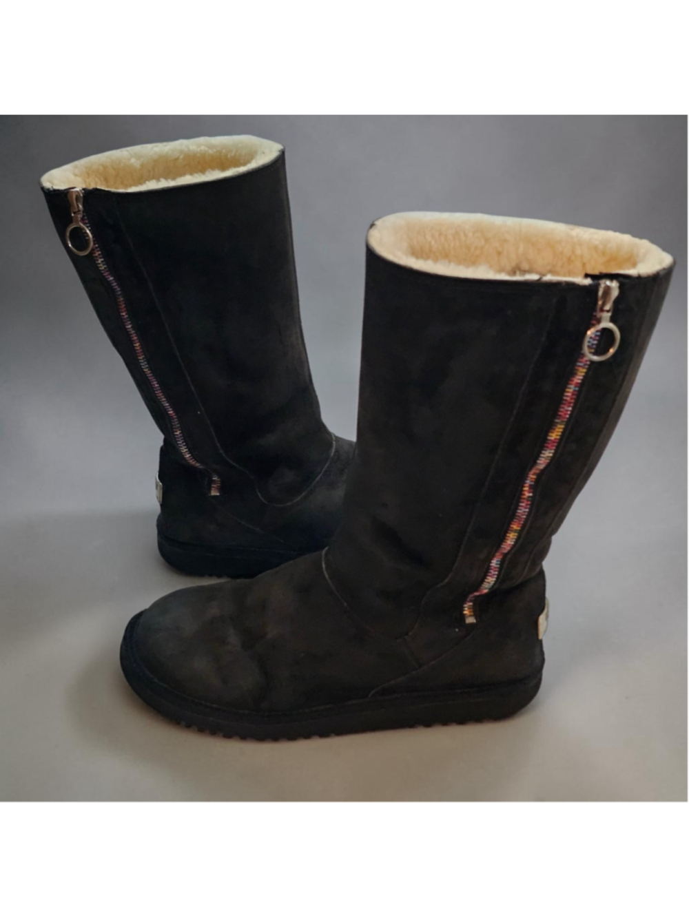 UGG Australia Boots Size 4 Black Suede Sheepskin Rainbow Zip Tall Winter